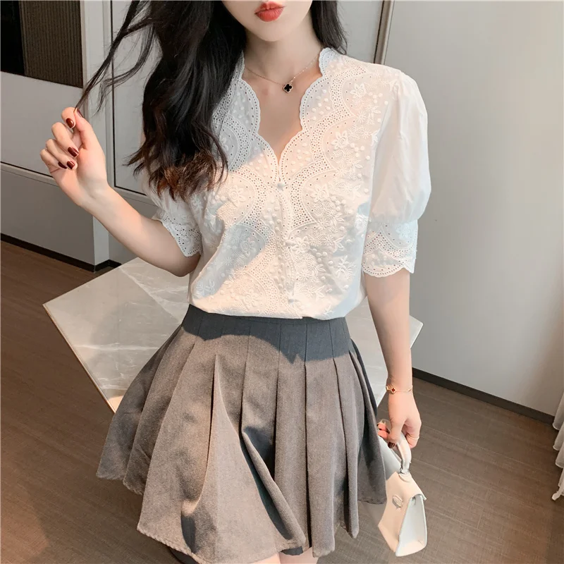 Fashion Woman Cotton Lace Embroidery Hollow Out Blouse 2024 Stylish Elegant White Shirts Vintage Blusas Half Sleeve Tops 13102