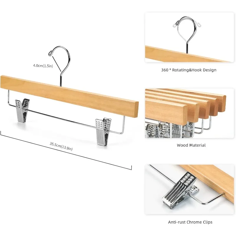 Drewniane wieszaki na spodnie Wieszak na spódnicę Wieszak na dżinsy z litego drewna lotosu z klipsami w naturalnym kolorze (20 szt.)