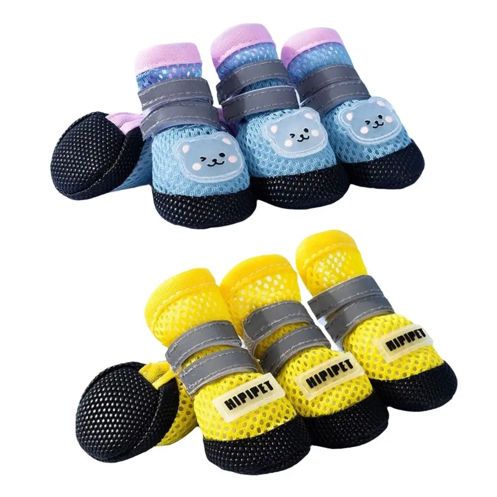 

4Pcs/Set Cute Breathable Dog Mesh Shoes Adjustable Wear-resistant Anti-Slip Dog Boots Reflective Dog Paw Protectors Camp