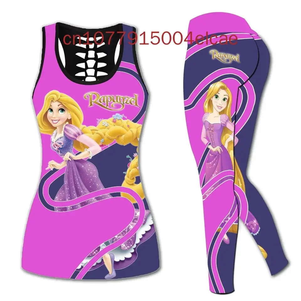 Disney rapunzel princesa livro feminino colete oco + leggings feminino bonito conjunto de yoga fitness leggings conjunto esportivo