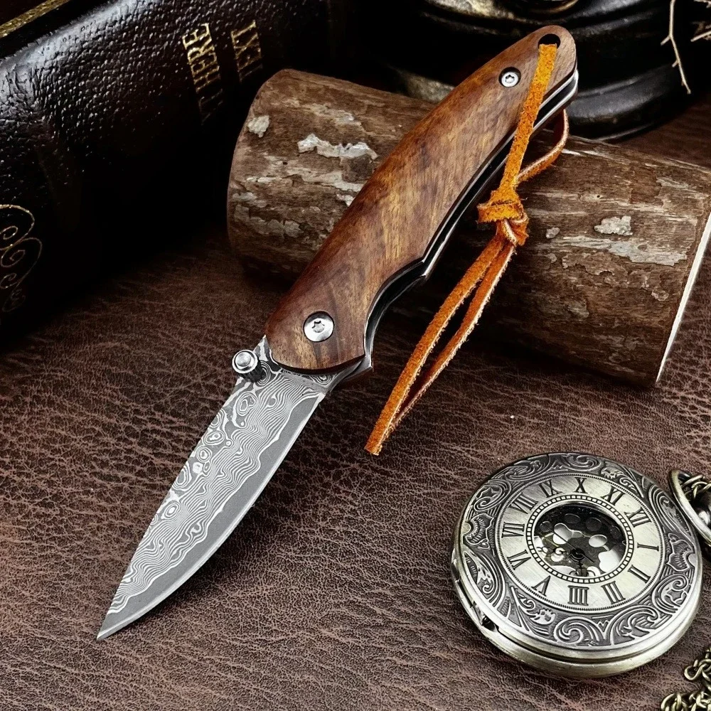 المشي لمسافات طويلة الصيد أداة EDC مقبض الخشب الملون عالية الجودة دمشق جيب سكين للفرد حمل سكّين متعدّد الاستخدامات سكين القطع في الهواء الطلق #2