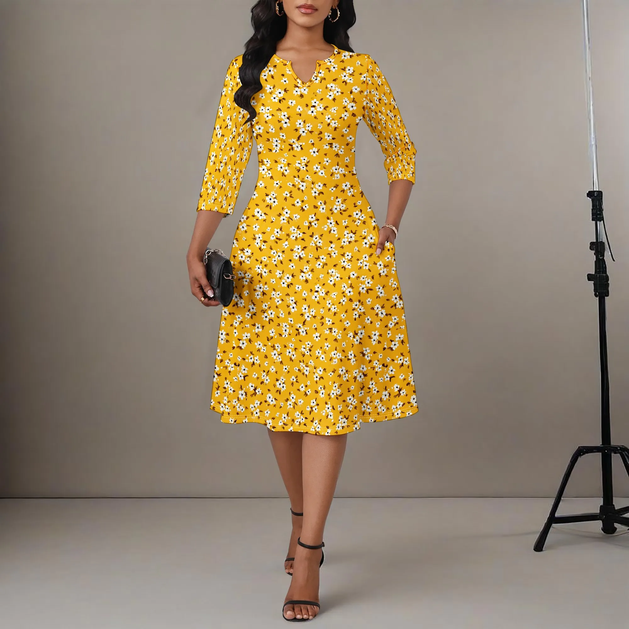 Ladies' Casual Floral Dress, A-line and Flared Skirt, 3/4 Sleeve Cocktail Party Church Dress