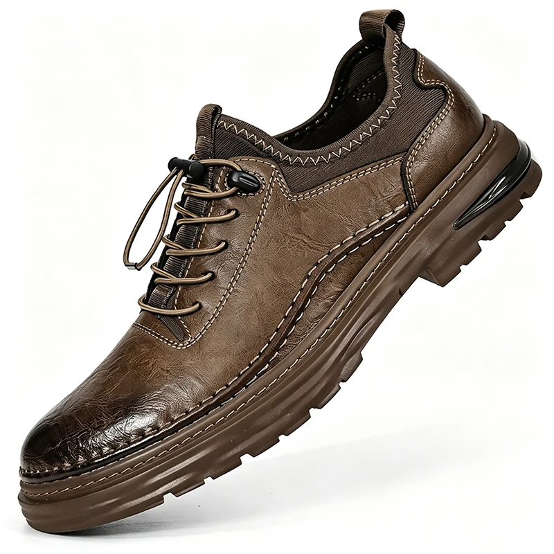 Men's Genuine Leather Casual Non-Slip Work Shoes Elastic Lace-Up Outdoor Trekking Comfortable Business Walking Shoes Big Size