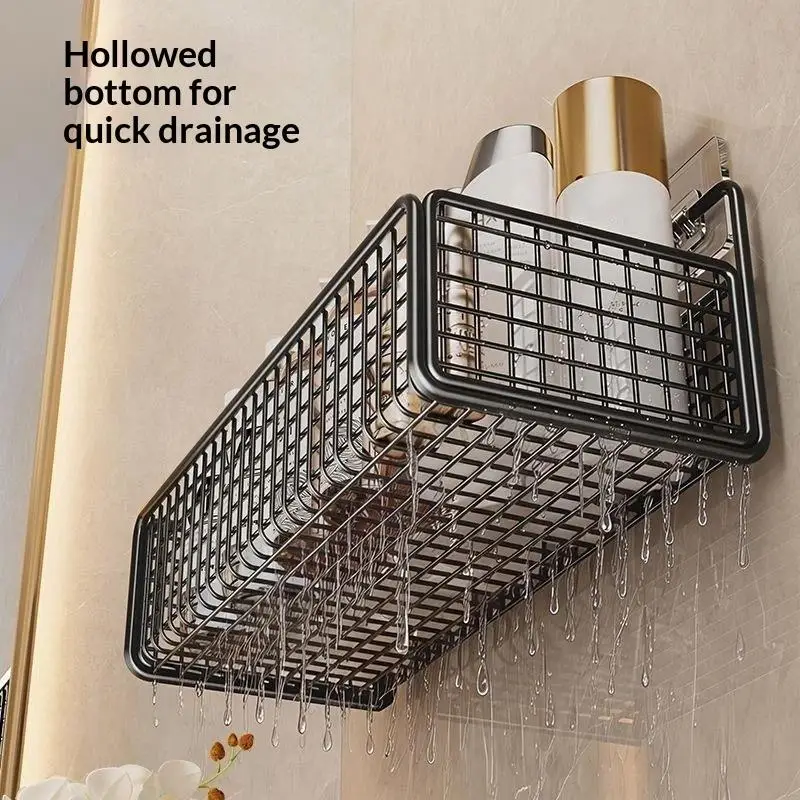 Black Iron Wall Storage Basket Organizer No Drill Sticky Hooks High Load For Bath Kitchen Storage Rack coated rustproof
