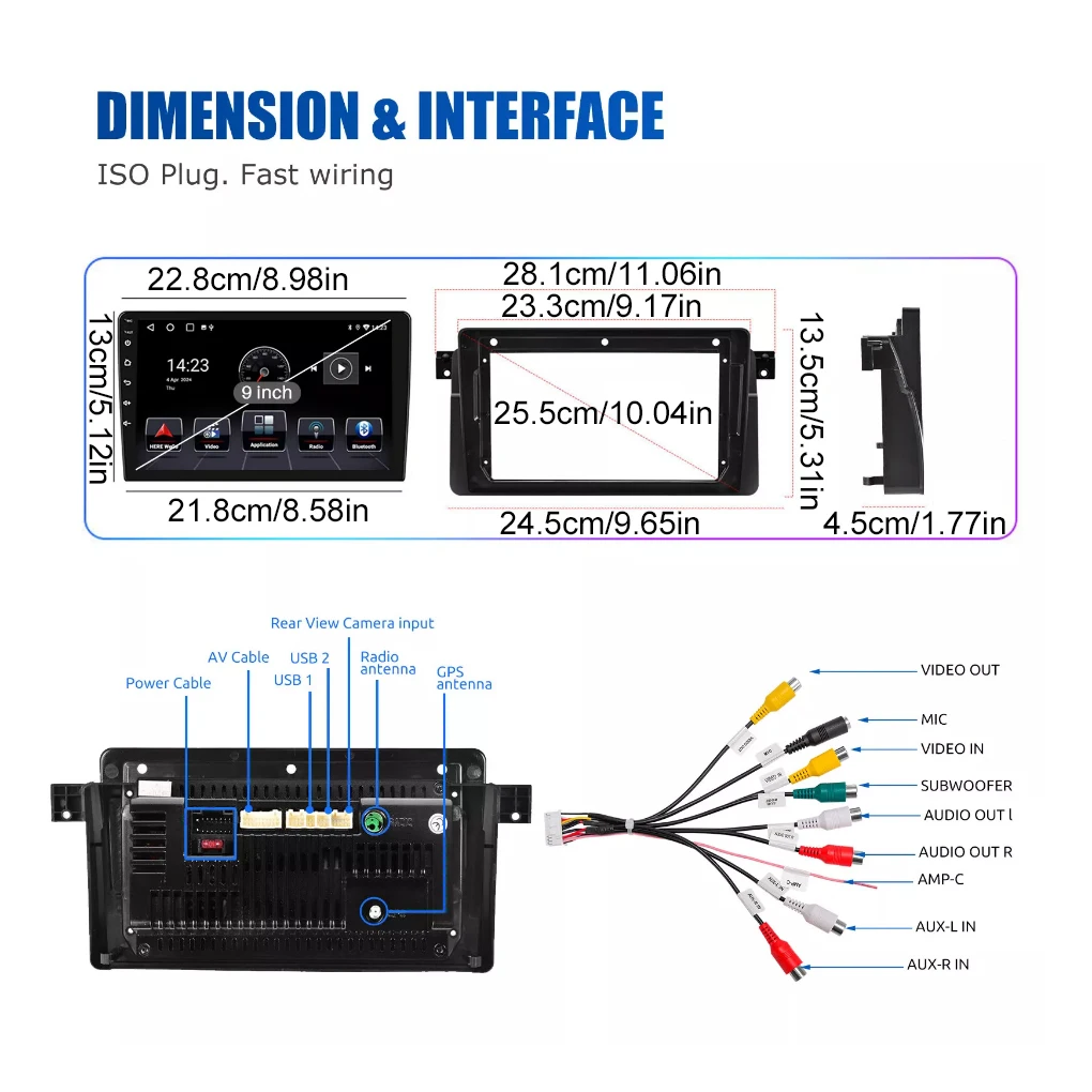 Autoradio Android 14, Navigation GPS, WiFi, FM/RDS, Carplay, Lecteur Stéréo, 2 Din, 1 Go/32 Go, pour Voiture BMW E46 (1999-2005)