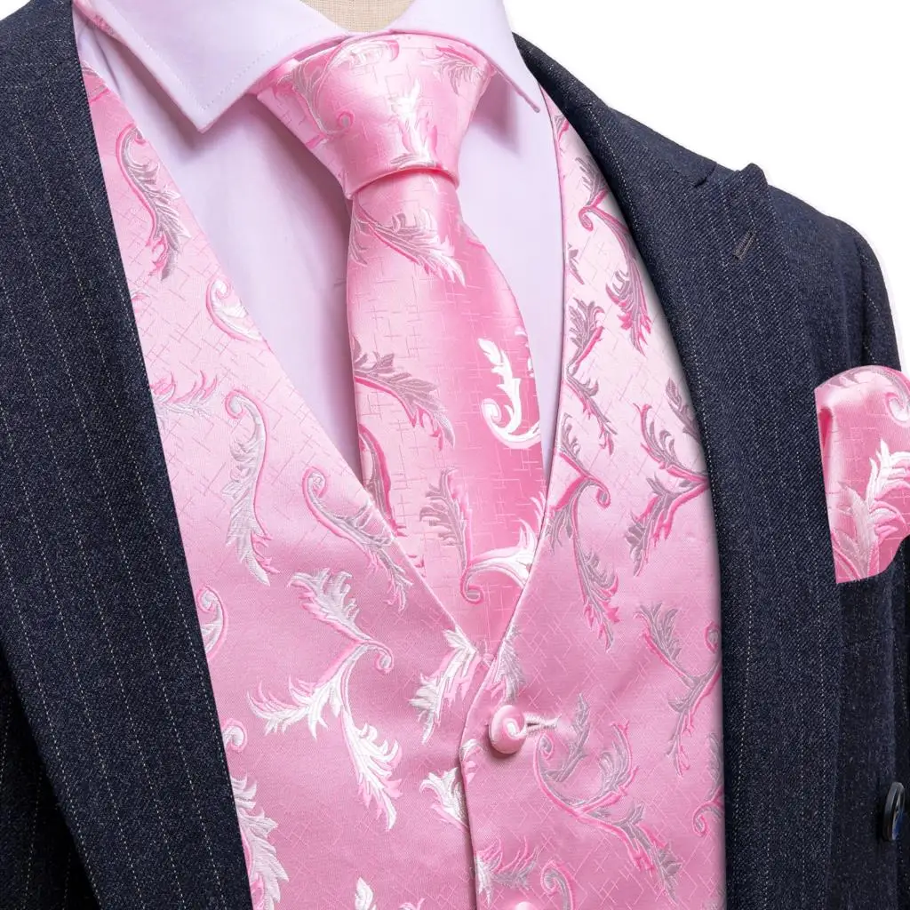 Elegant Pink Dress Vest for Men Silk Formal Suit V Neck Waistcoat Tie Hanky Cuff Set Party Business Real Pocket Barry Wang