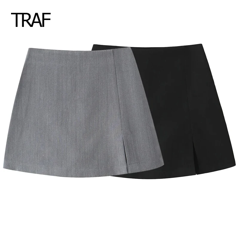 TRAF Mini Short Skirt Women\'s Skirt Short Summer 2024 High Waist Side Slit Short Skirt Korean Style Skirts Fashion Casual Shorts