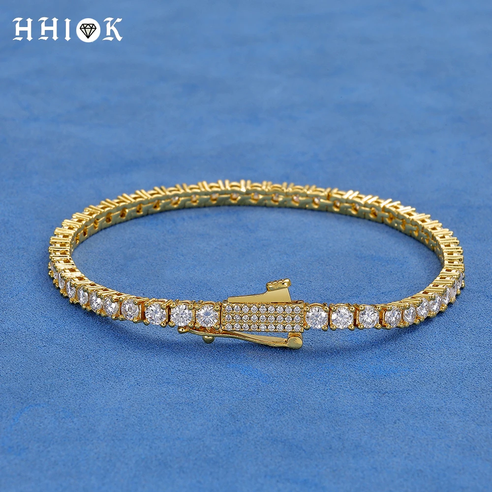 HHIOK 3/4mm Iced Out Tennis Bracelet Brass Bling 5A Zircon Fine Spring Buckle Chain Hip Hop Wholesale Jewelry For Men Women Gift