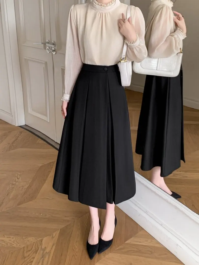 Elastic Waist Gray Office OL Midi Pleated Skirts Woman Spring Autumn Elegant Casual Suits A-Line Skirt Lady