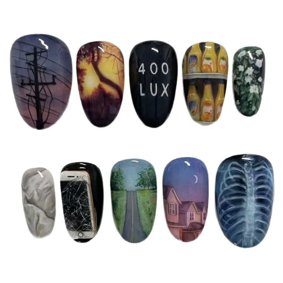 24 Uds. Parches de uñas postizas de almendra brillante, cubierta completa de Material acrílico, uñas postizas con diseños de huesos del atardecer de la autopista, prensa en las uñas