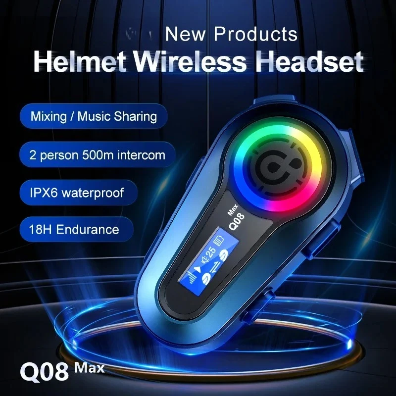 Q08 Max Motorcycle Helmet Bluetooth Intercom 2-Person Distance 500M Summer LCD HD Digital Display Music Sharing