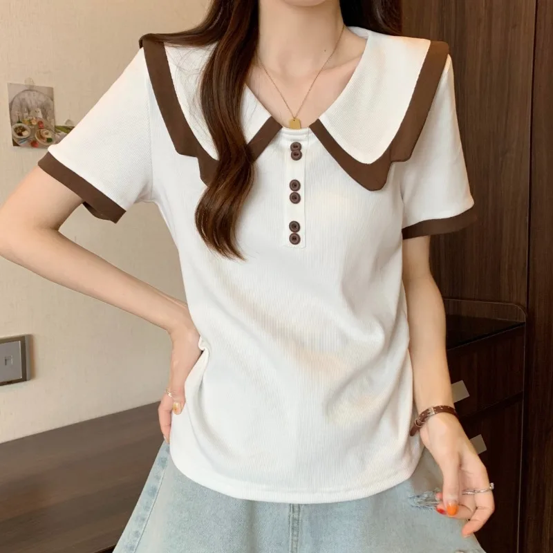 Turn-down Collar T-shirts for Women Panelled Design Young Girls Summer Tops Simple Design Korean Style Ins College Short Sleeve