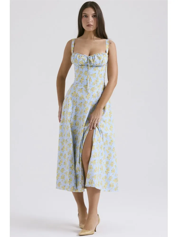 CPSYMYM été tempérament mode robe à bretelles pour les femmes Y2k Sexy robes de soirée décontracté Boho imprimé fleuri longue robe femme