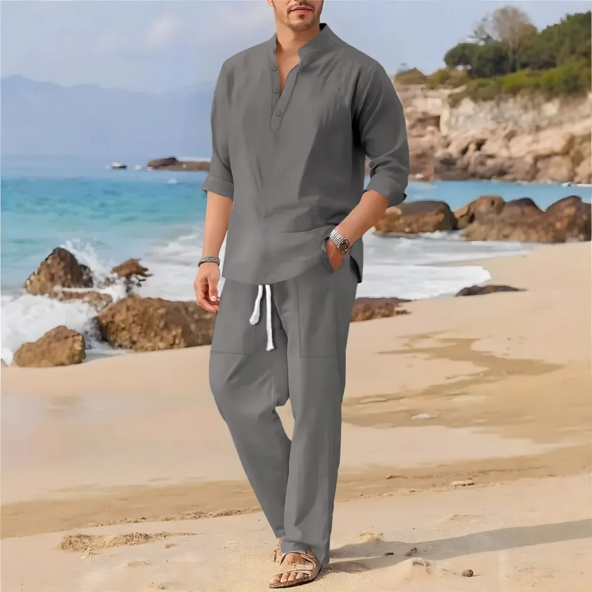 Men's Retro Cotton Linen Stand-Up Collar Long-Sleeved Suit Spring-Autumn Fashionable Loose Pure-Color Two-Piece Set