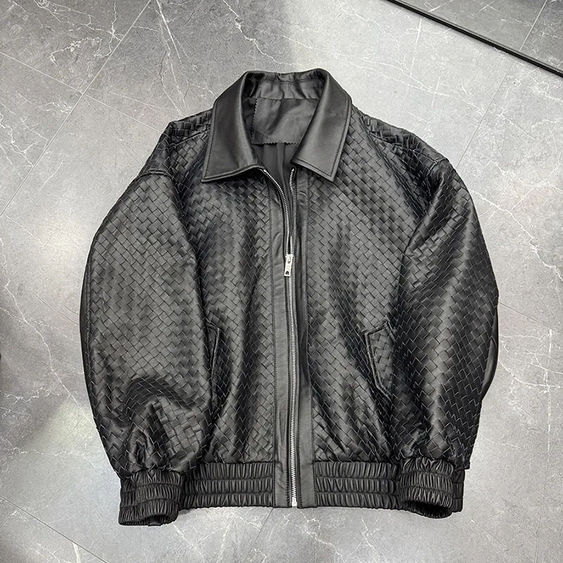 Giacca in pelle bordeaux Autunno Inverno Donna lavorata a mano Streetwear Cappotto in pelle di pecora allentata con cerniera vintage con risvolto Roupas Feminina