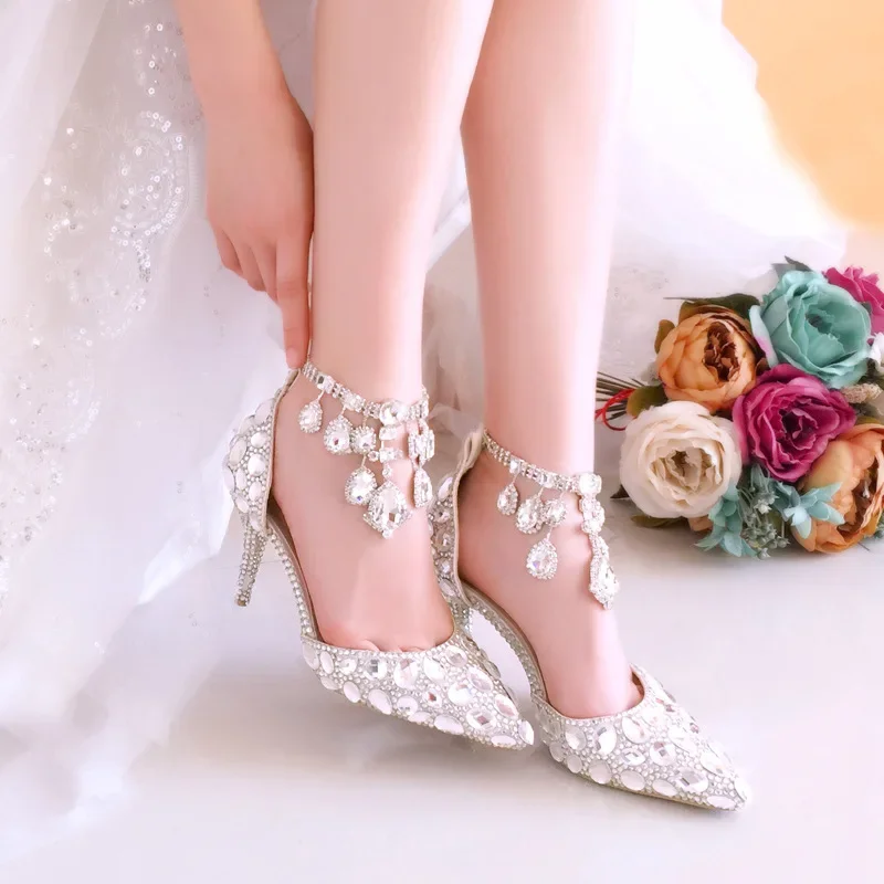 2024 Large 34-43 Tassel Blue Rhinestone Wedding Shoes 9cm Slim Heel Pointed Sandals Luxury Rhinestone Wedding Shoes