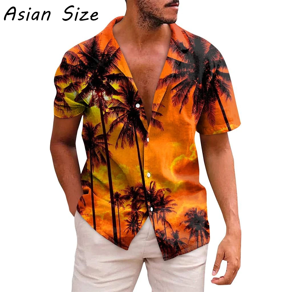

Men's Hawaiian Shirt Sunset Palm Tree Print Short Sleeve Lapel Collar Casual Summer Beach Vacation Breathable Button Down Tops