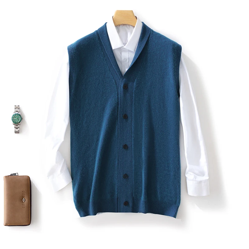 

100% Merino Wool Solid Color Turn-Down Collar Knit Vest Cardigan Cashmere Soft Basic Comfortable Men's Sleeveless Clothing Top