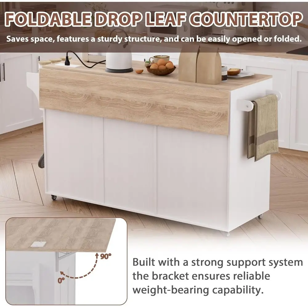 جزيرة مطبخ بيضاء محمولة مع أوراق متدلية، وحدة تخزين، وصندوق قمامة، ومخرج طاقة، ورف توابل على عجلات #2