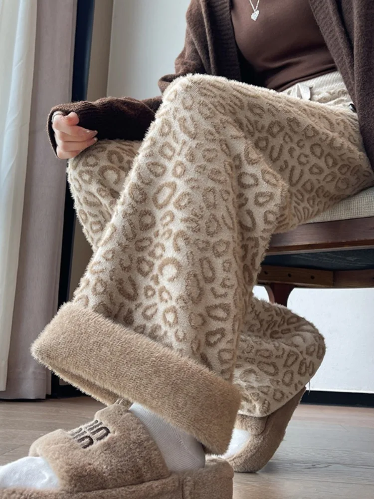

Leopard Print Classic Full Length Chic Knitted Female Wide Leg Pants Autumn Fashion High Waist Loose Casual Simple Women Pants
