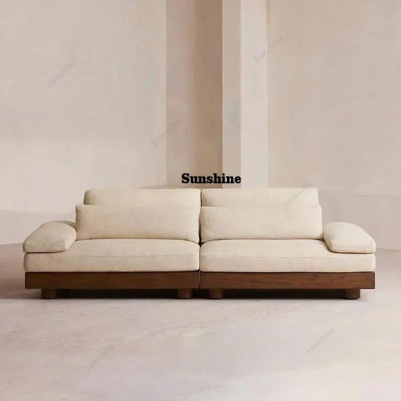 

Nordic retro solid wood sofa three-person straight row high-end cotton and linen fabric medium and ancient style smallY