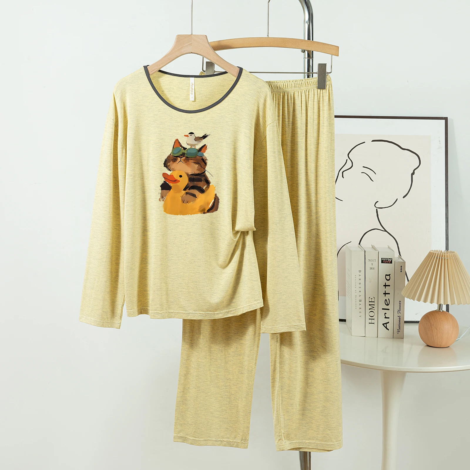 

5181-194 Casual and Comfortable Modal Cotton Pajamas for Women, New Spring and Autumn Long-Sleeved Long Pants Solid Color Casual