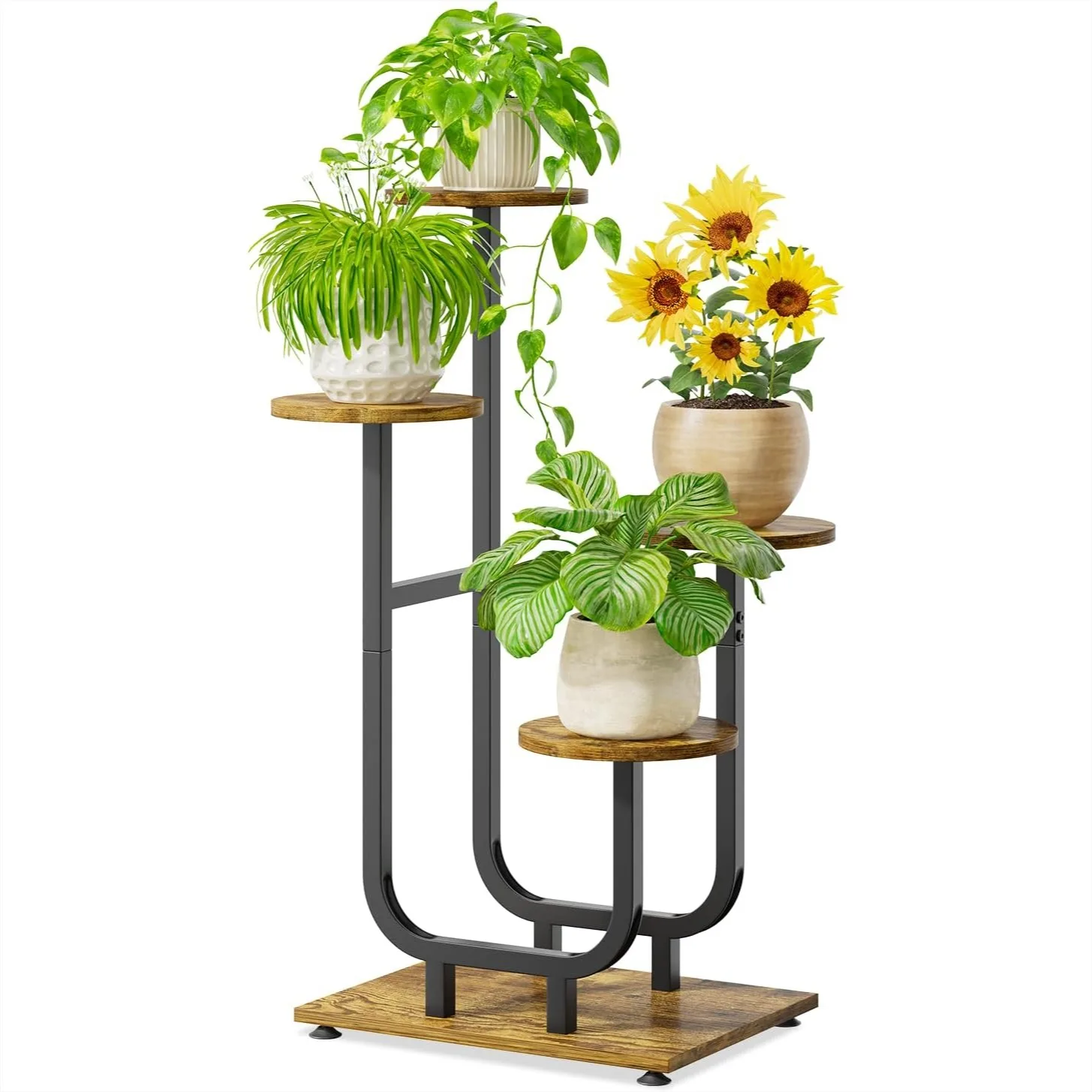

4 Tier Plant Stand Indoor, Corner Flower Holder Shelf with Wooden Trays, Heavy Duty Metal Rack for Patio Living Room, Modern
