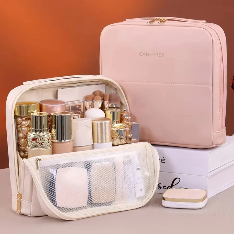 Standing Cosmetic Bag Large Capacity Waterproof Travel Makeup Organizer Portable Toiletry Storage with Divider Women