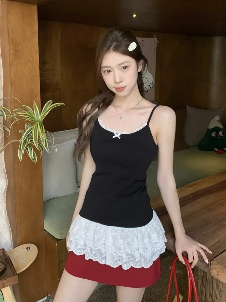 순면 레이스 헴 매듭 스트랩 베스트 여성용 봄 여름 슬림 핏 이너웨어 베이스 레이어 아우터웨어 탑