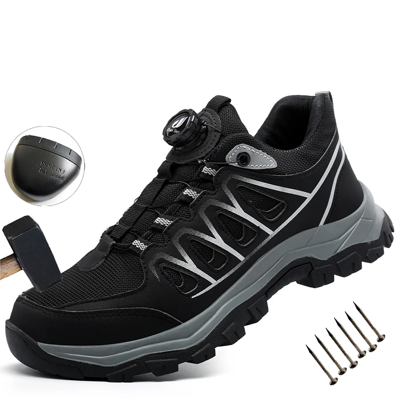 Rotating Button New Safety Shoes Men Anti-smash Anti-puncture Work Shoes Fashion Men Sport Shoes Breathable mesh Trail shoes