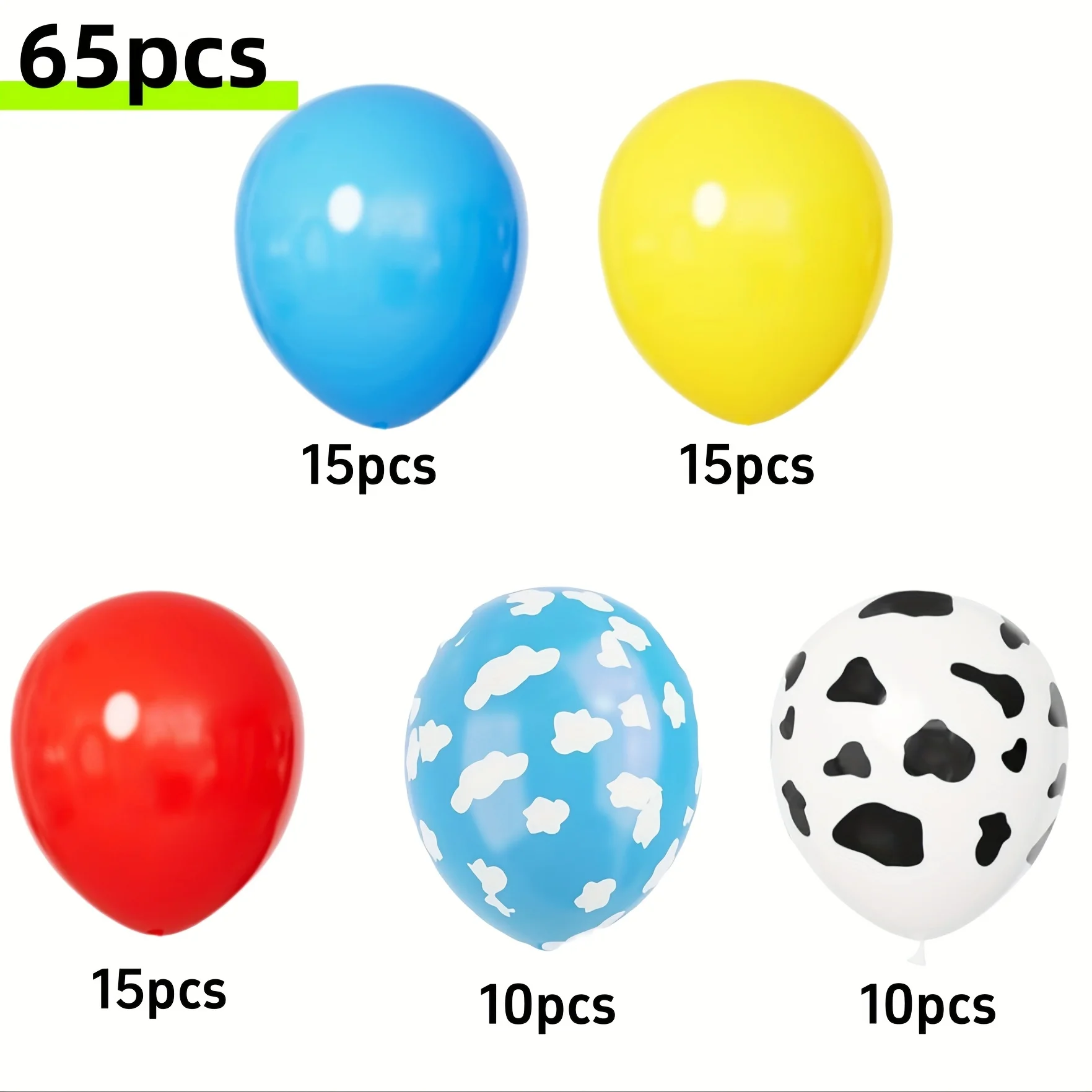 Rode, gele, blauwe speelgoedballonnen, lichtblauwe ballonnen met koeienprint voor baby's verjaardagsverhaal en voetbalfeestthemedecoraties