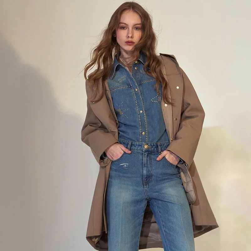 

00% Cotton Button-Up Commuter Sle Slim Fit Blue Jeans irt Korean Version Long Sve Regular Length Pure Color irt