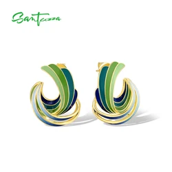 SANTUZZA Real 925 Sterling Silver Stud Earrings For Women Sparkling Green Enamel Twisted Pattern Irregular Chic Fine Jewelry