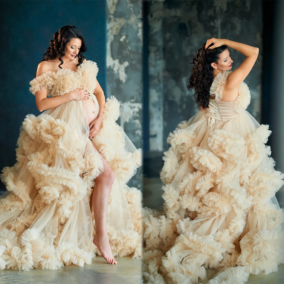 Puffy Tulle Robes For Women Maternity Vest Gown Sleeveless Long Sexy Photo Shoot Plus Size Pregnant Ruffled Customized Dress