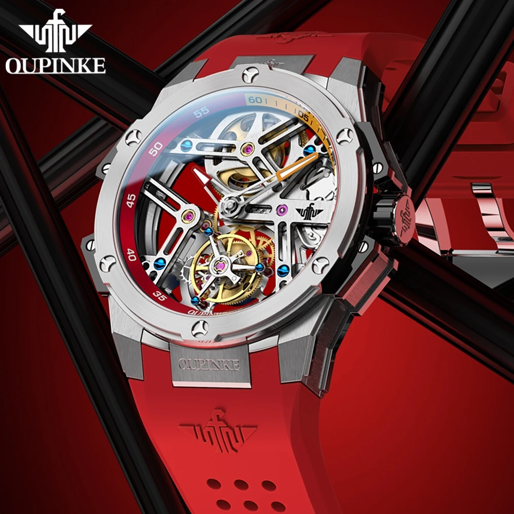 OUPINKE 8003 Mens Watch Luxury Skeleton Fully Automatic Mechanical Watch 50M Waterproof Silicone Strap Sports Watch Gift Box