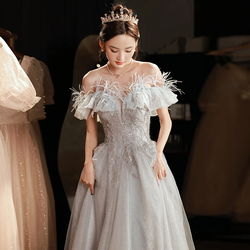 Feather Elegant Off Shoulder Dress Women Sequin Tutu Long Porm Pageant Dresses Wedding Guest Ball Gown Evening Cocktail Dress