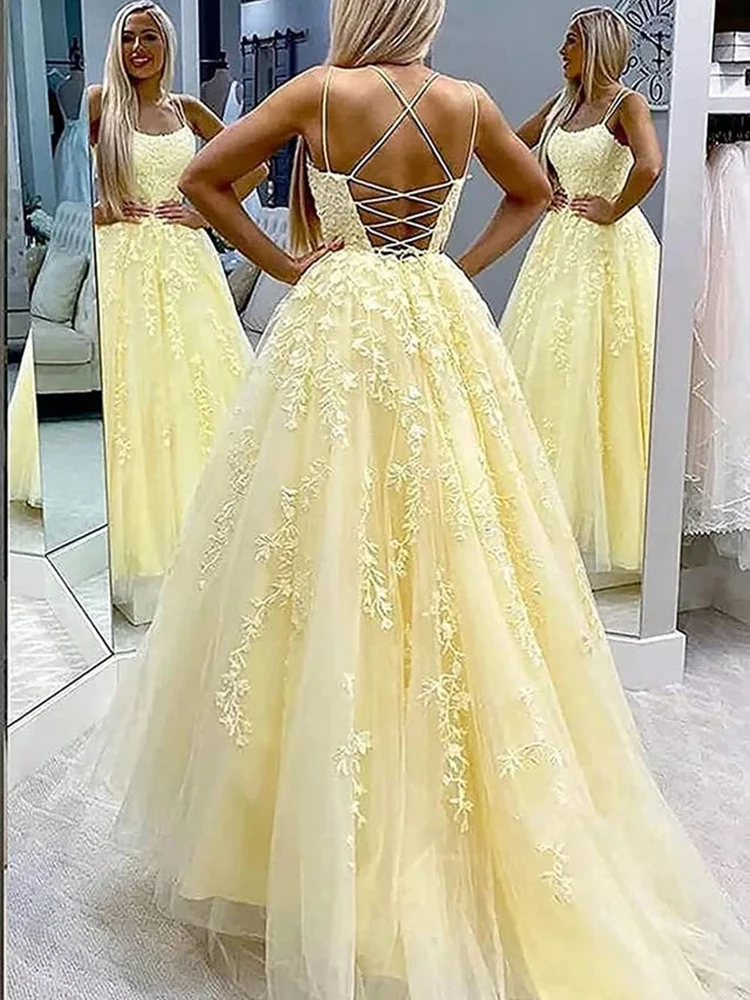 

Customized Spaghetti Straps Evening Dresses Graceful Appliques Tulle Prom Party Gowns Princess Graduation Vestido De Fiesta