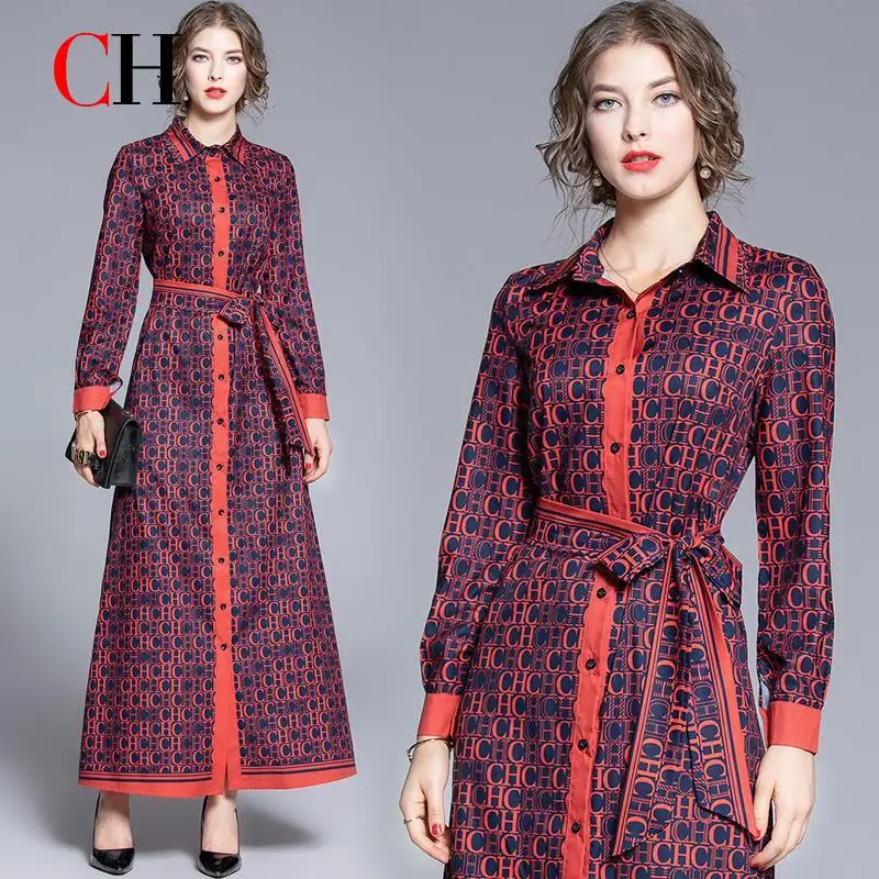 CH Monogram Print Long Sleeve Button Down Shirt Dress Belted Waist Contrast Trim Maxi Dress Elegant Fashion Office Wear ﻿