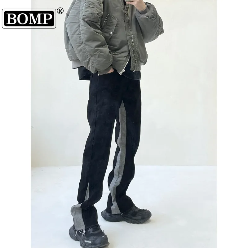 [BOMP] 2024 Autumn Men High Street American Color Blocked Fringed Micro Flared Jeans 2024 New Trendy Long Pants New Fashion