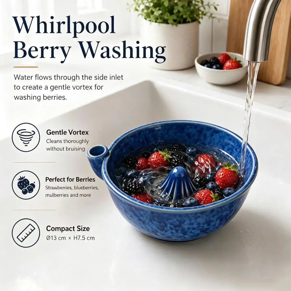 Fruit Washing Basket with Drain Holes Ceramic Berry Swirl Washing Bowl with Drain Holes 360° Vortex Fruit for Strawberries