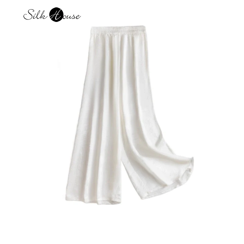 

2025 Women's Fashion Summer New 100% Natural Mulberry Silk Jacquard Satin Off White Pocket Design Casual Wide Leg Pants