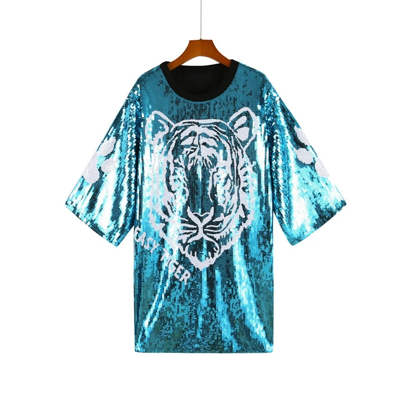 CHIC New European American Girls Street Wear Tiger Head Women Sequined T-shirt Top Jersey Casual Long Tee Dress Drop Shipping