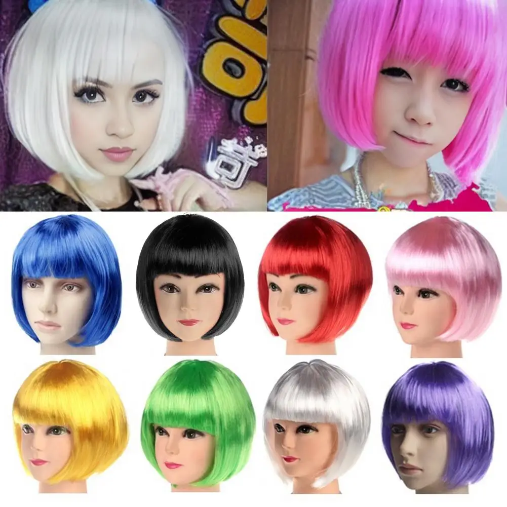 32cm feminino colorido curto peruca reta com franja meninas cosplay bobo peruca na moda feminino cabelo sintético festa cosplay traje