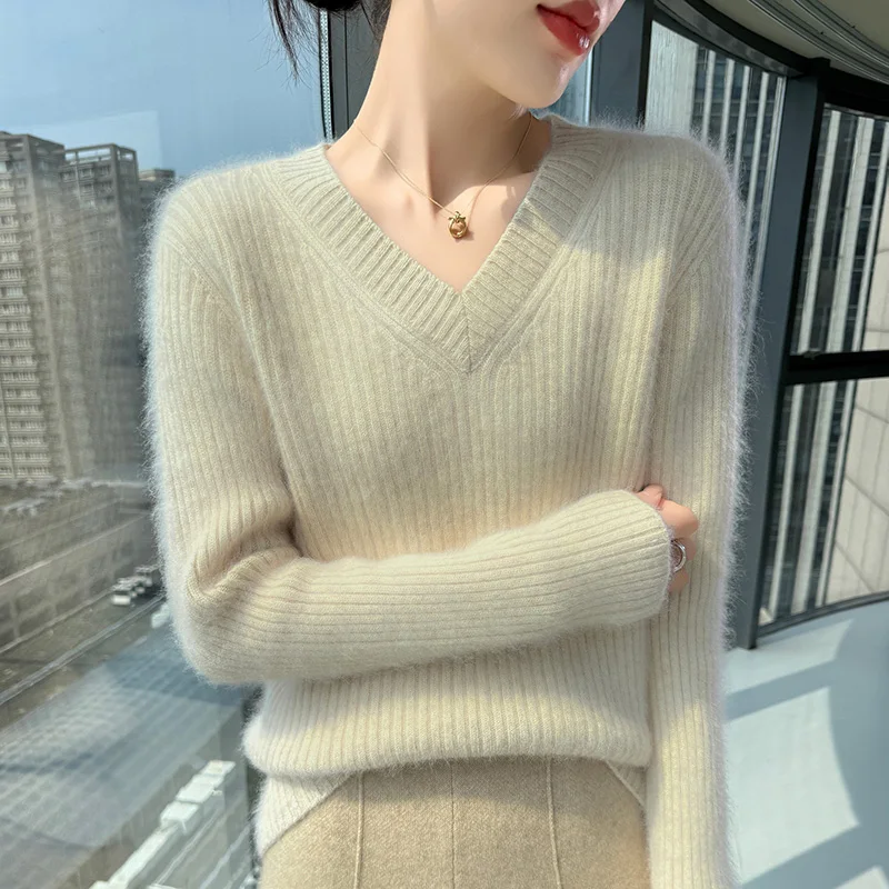 100% المنك النقي الكشمير محبوك سترة المرأة الخامس الرقبة ضئيلة البلوز عادية الدافئة عمودي بار القمم جديد قاع قميص الخريف #1