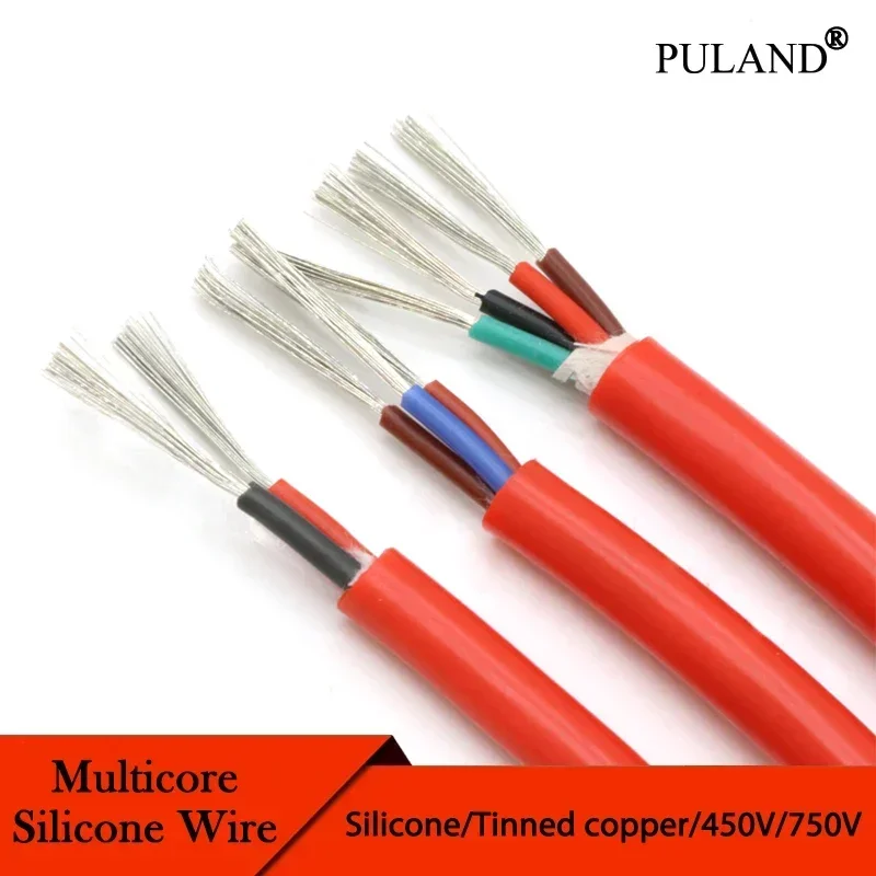 1-10M Red Flexible Silicone Wire Square 0.3/0.5/0.75/1/1.5/2.5 mm x 2/3/4 Cores Tinned Copper High Temperature Cable