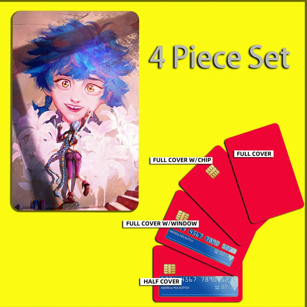 Arcane Cute Jinx Anime Stickers For Debit Bank Credit Cards Metro Bus Pass Sticker Decoration Cover 4PCS Card Skin