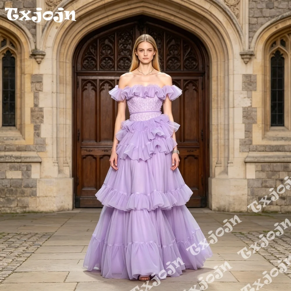 

Elegant Off The Shoulder Tulle Long Evening Dresses Puffy Mesh Ruffles Tiered Prom Party Dress Lush Mesh Pageant Formal Gowns