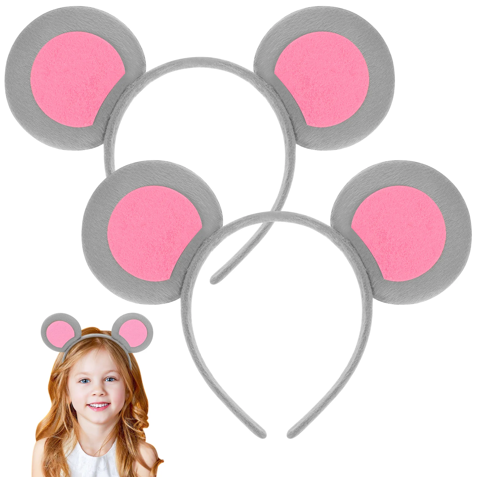 

2 Pcs Headbands Animal Ear Mouse Ears for Girl Girls Party Clothing Cute Hairband Grey Child