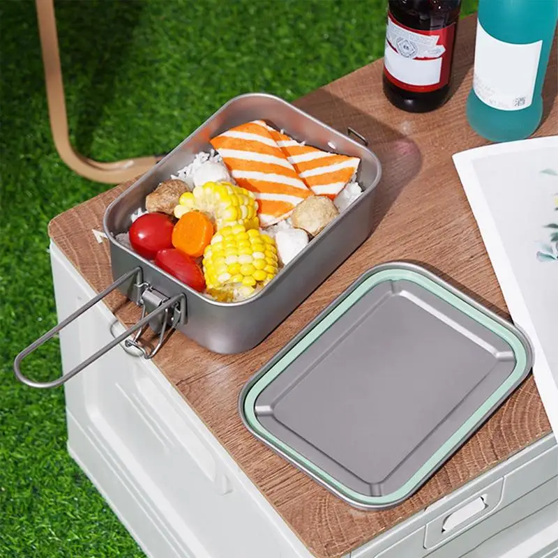 Picnic Titanium Lunch Box Camping Metal Lunchbox Foldable Handle Box With Airtight Lid Seal Cooking Food Box Leak-Resistant