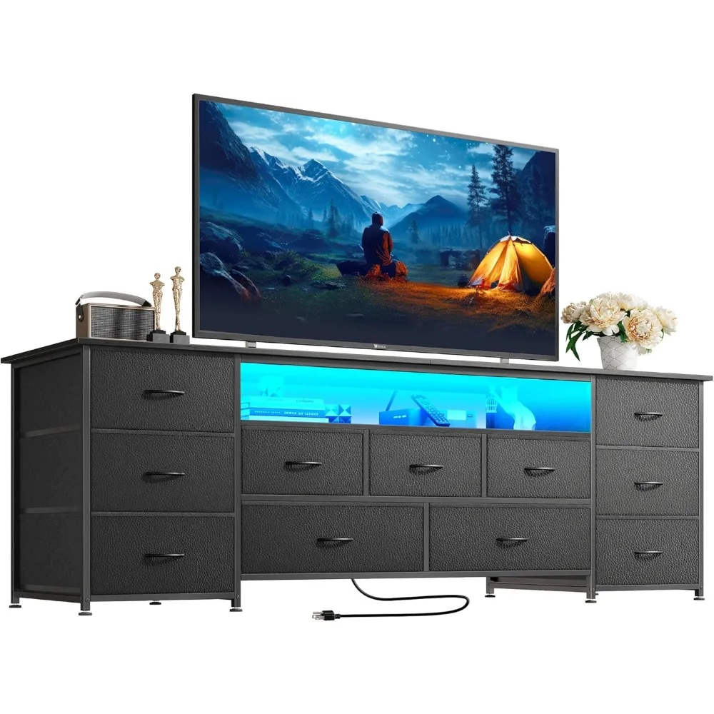 

63 Inch TV Stand for 65, 70 Inch TV, 11 Drawer Long Dresser with Power Outlets and LED Lights, Entertainment Center with Storag